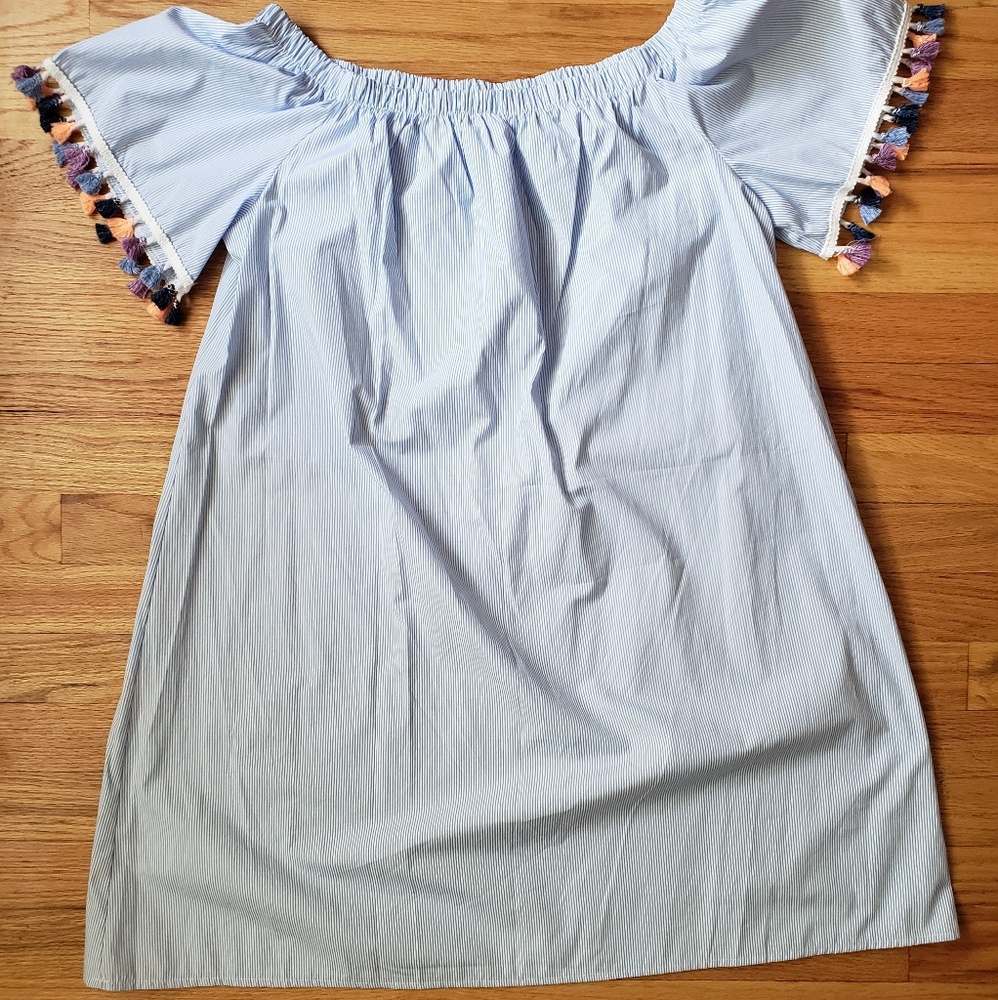 Blue pinstripe bobo tassel off the shoulder dress